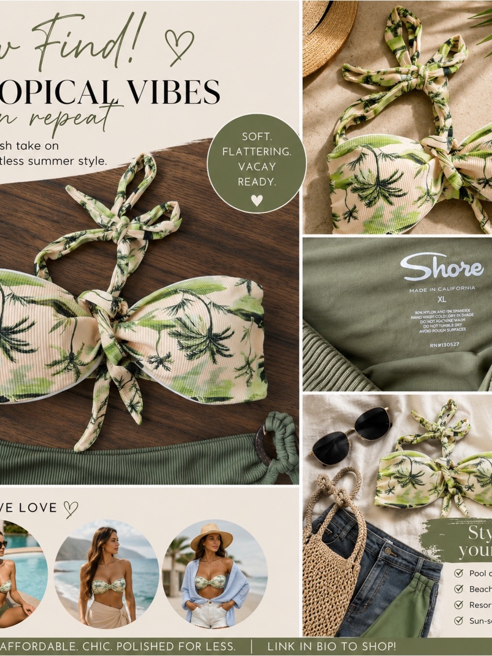 Shore Tropical Palm Bandeau Bikini Top - Olive & Cream